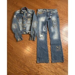 NWT VINTAGE Women’s Pepe Jean Jacket Set Blue Denim Y2K Patchwork Wide Leg Large